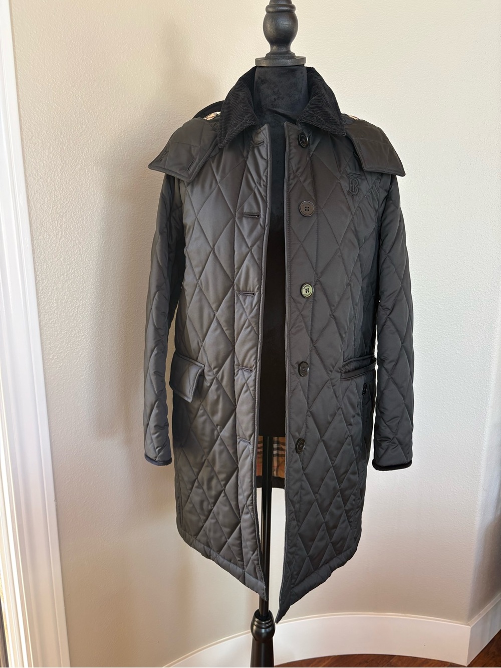 Burberry Women’s Quilted Black Coat with Corduroy Collar and Detachable Hood